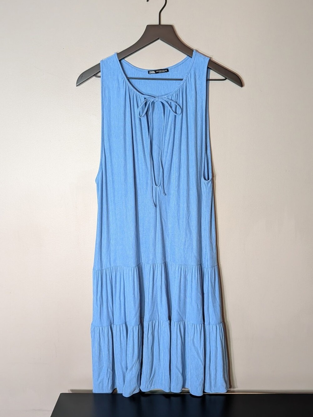 Zara Sky Blue Sleeveless Tiered Tie-Front Midi Dress